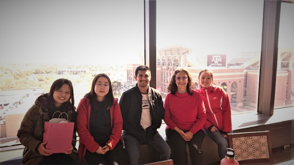 Yu-An ends her Visiting Scholar period in the lab and returns to NCHU in Taiwan. Left to right: Yu An Juang, Wook Cha, Jonathan Hernandez, Patricia and Han Jung Lee at Rudder Tower after the farewell lunch, February 7, 2020